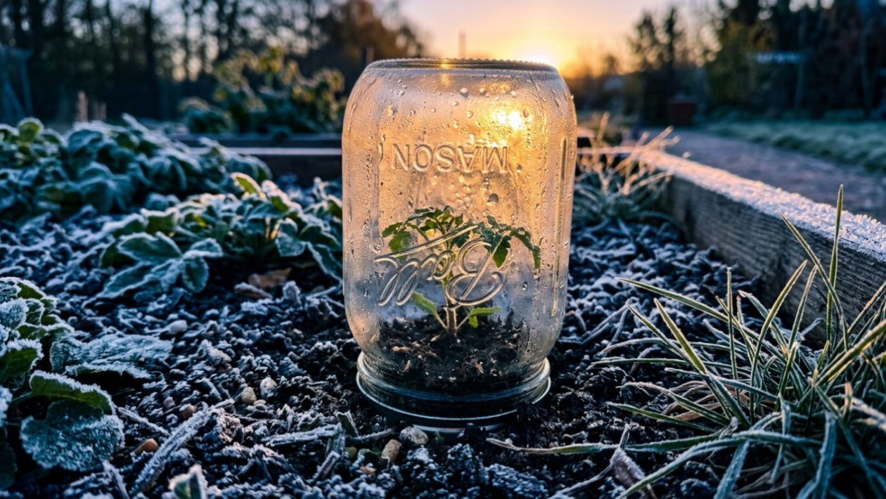 Ein zarter Tomaten-Setzling wird bei Morgenfrost von einem Einmachglas wie unter einer Glocke geschützt.