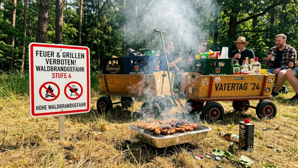 Ein Bollerwagen steht neben einem qualmenden Einweggrill auf dem Gras, davor ein Verbotsschild für Waldbrandgefahr.