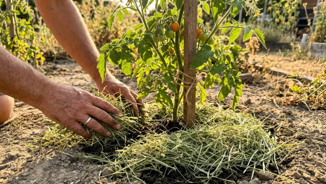 emand streut Rasenschnitt als Mulch um eine Pflanze auf trockenem Sandboden.