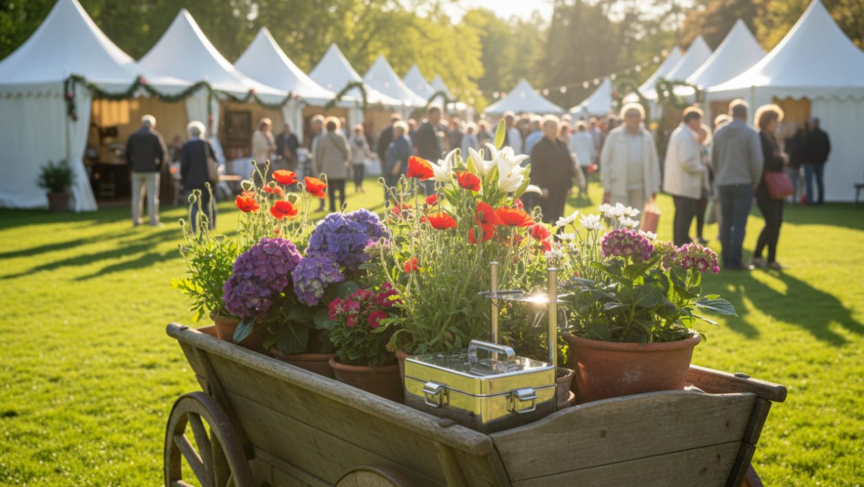 Ein voll beladener Bollerwagen mit Pflanzen auf einem sonnigen Gartenfestival vor einem Schloss.