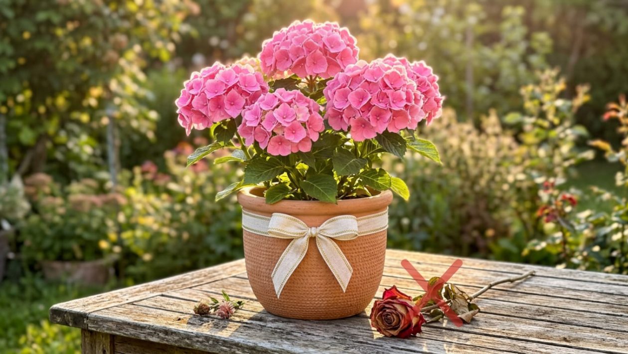 Eine prächtig blühende Hortensie im Topf als Muttertagsgeschenk neben einer welken Schnittrose.