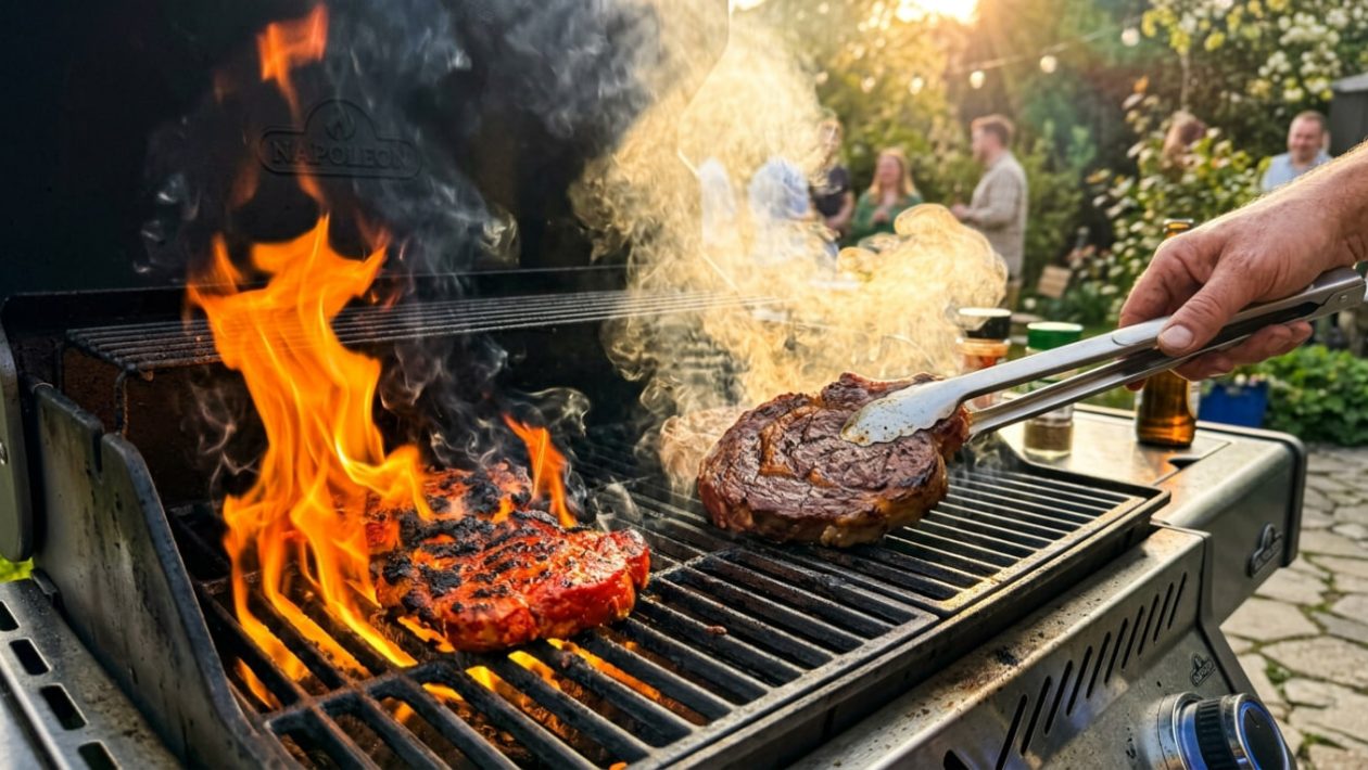 Ein brennendes, mariniertes Steak auf dem Grill im Vergleich zu einem perfekten Steak in der indirekten Zone.