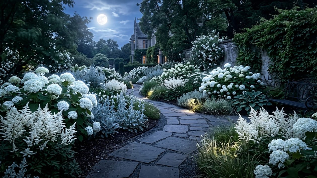 Ein rein weißer Garten mit Hortensien und Astilben, der in der Abenddämmerung magisch leuchtet.