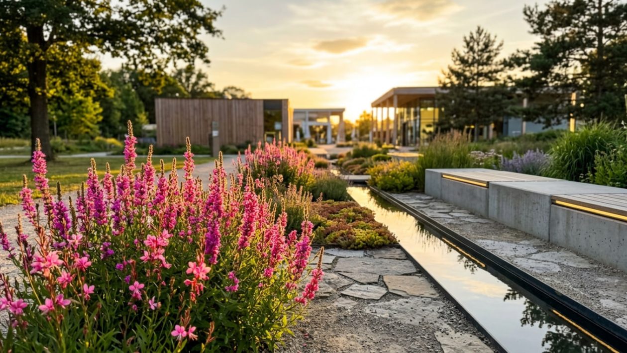 Ein moderner Schaugarten auf einer Landesgartenschau im warmen Abendlicht ohne Menschenmassen.