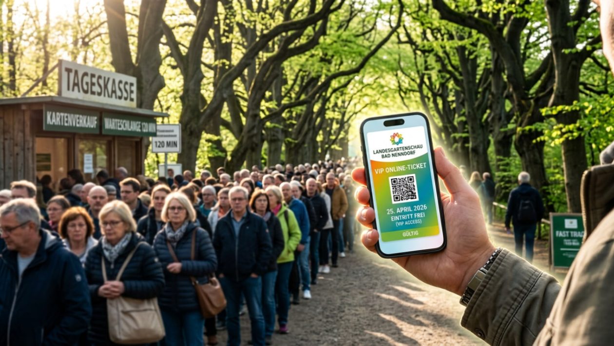 Ein Besucher geht mit einem Online-Ticket auf dem Smartphone an der langen Schlange der Kasse vorbei in den Kurpark Bad Nenndorf.