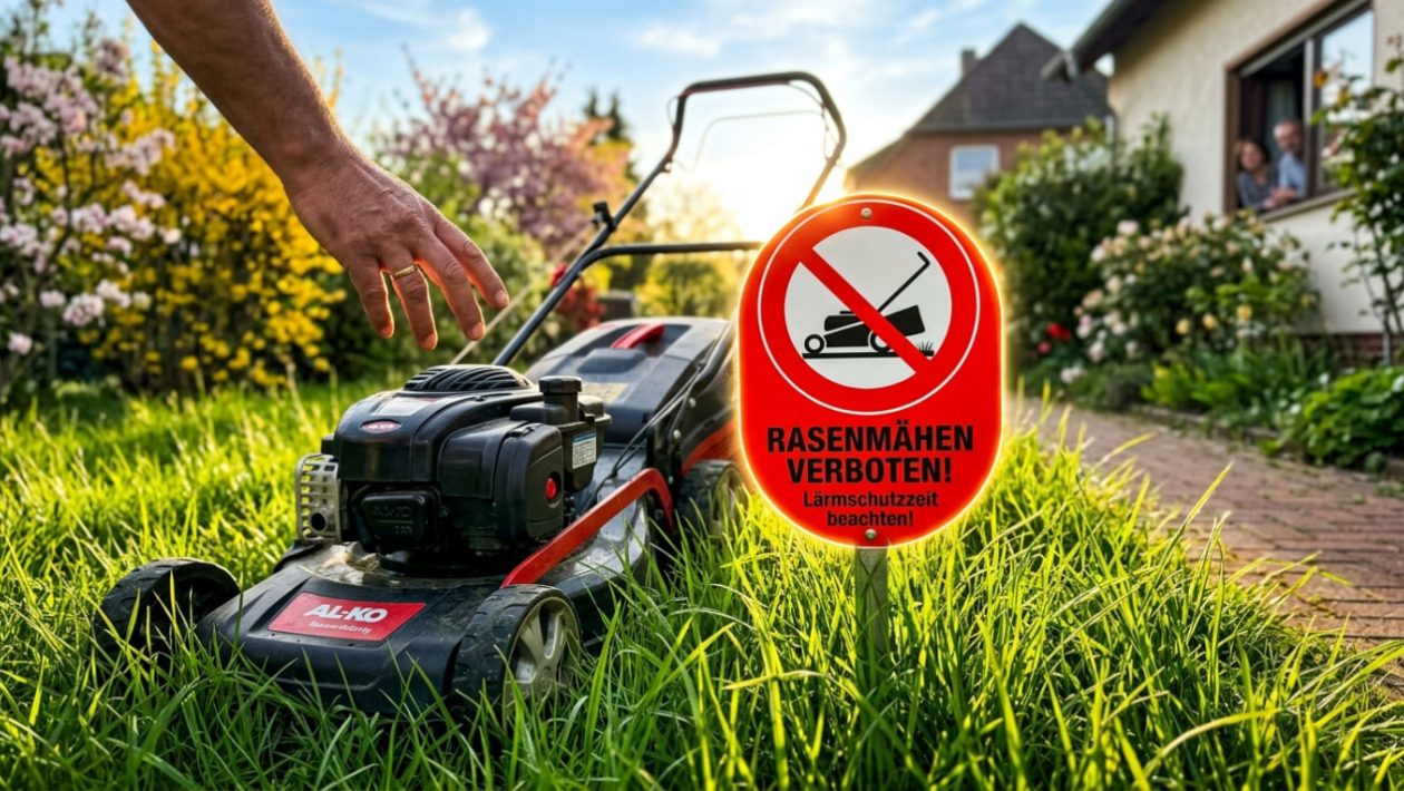 Eine Hand greift nach einem Rasenmäher, der von einem roten Verbotsschild im sonnigen Gras blockiert wird.