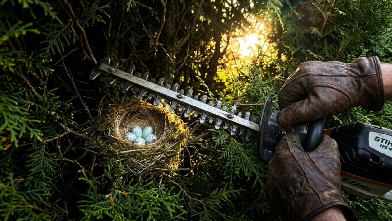 Eine Heckenschere stoppt kurz vor einem versteckten Vogelnest in einer grünen Hecke.