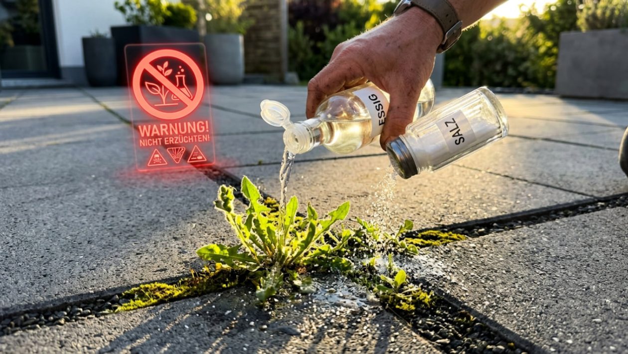 Jemand gießt Essig und Salz als Unkrautvernichter auf Terrassenfugen, gewarnt durch dramatisches Licht.