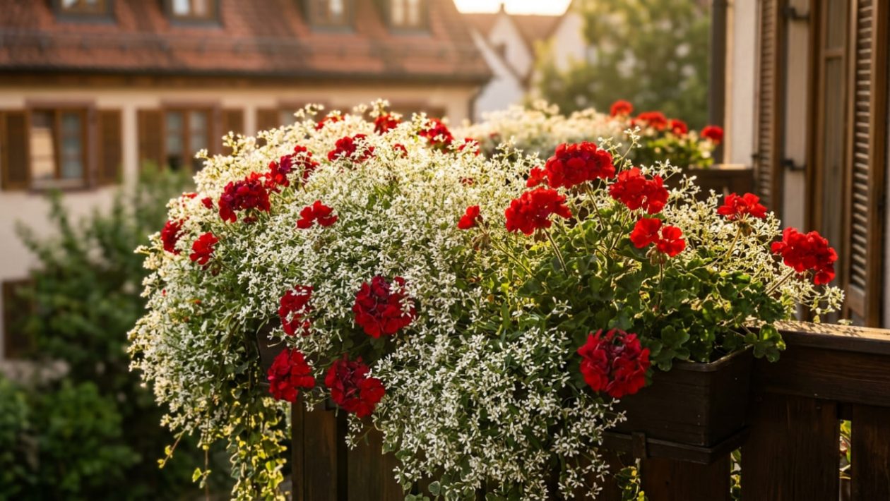 Ein Balkonkasten mit roten Geranien und einer dichten Wolke aus tausenden kleinen weißen Feenstaub-Blüten im Sonnenlicht.