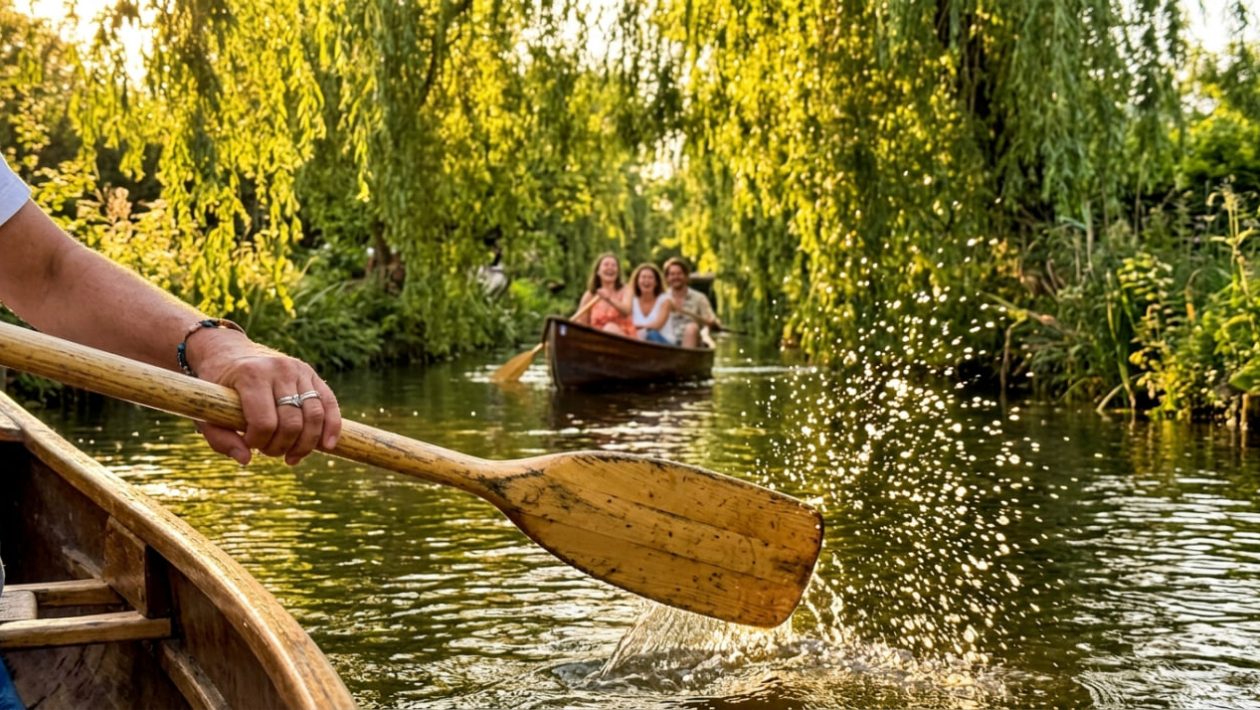 Jemand paddelt mit einem Kanu durch die ruhigen, grünen Kanäle von Neu-Venedig in Berlin.