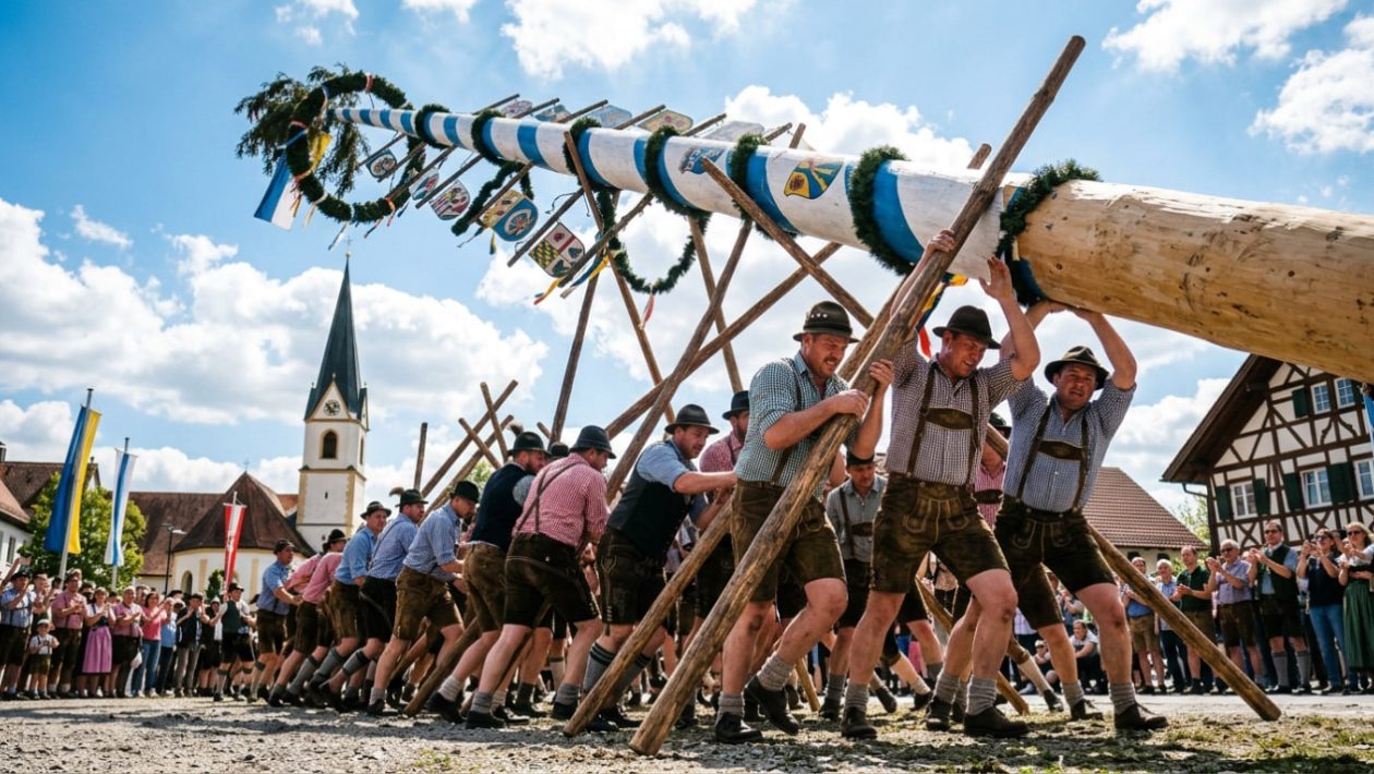 Männer in Tracht stellen mit gekreuzten Holzstangen (Schwalben) einen riesigen Maibaum per Hand auf.