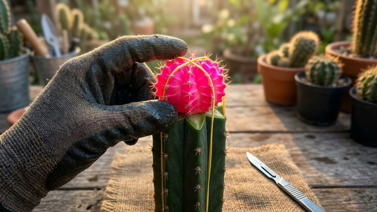 Ein pinker Kaktus wird mit Gummibändern auf eine grüne Kaktus-Unterlage gepfropft.