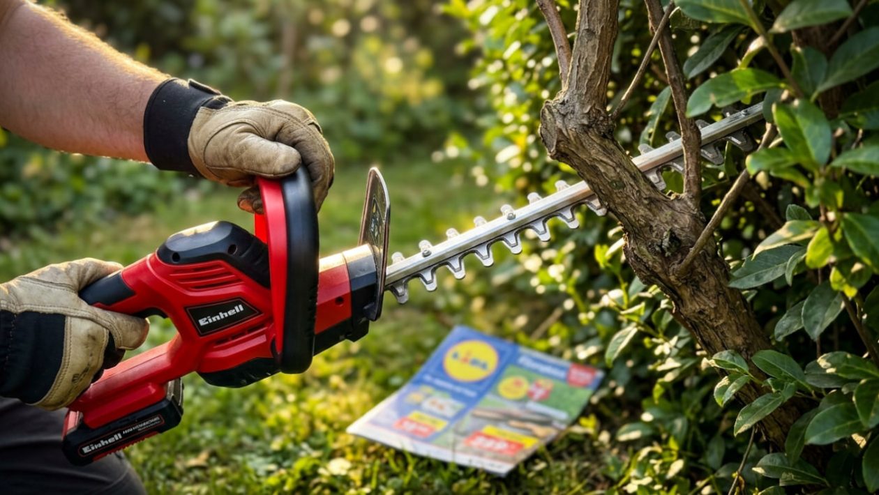 Eine neue rote Einhell Akku-Heckenschere hält an einem dicken Ast, beleuchtet von hellem Sonnenlicht.