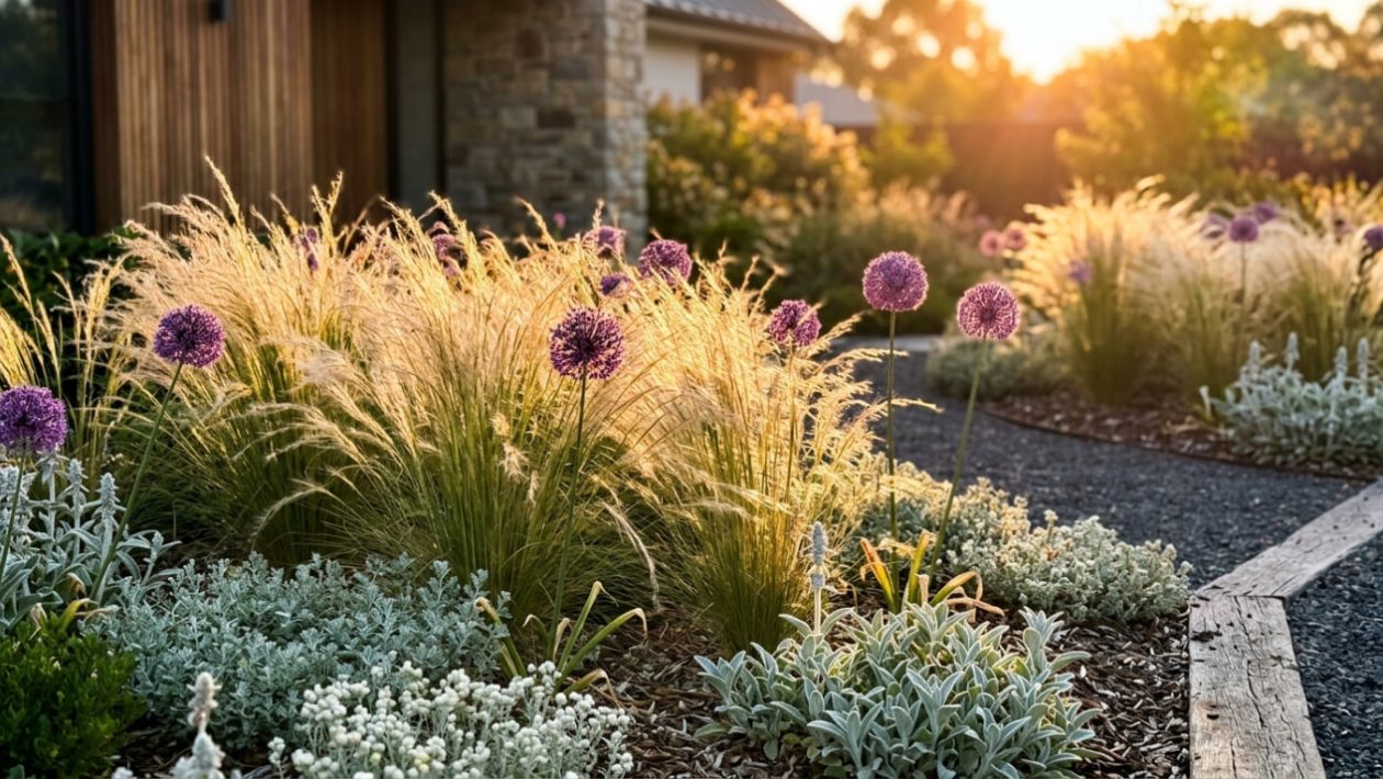 Ein modernes Gartenbeet mit Federgras und runden violetten Allium-Blüten im warmen Sonnenlicht.