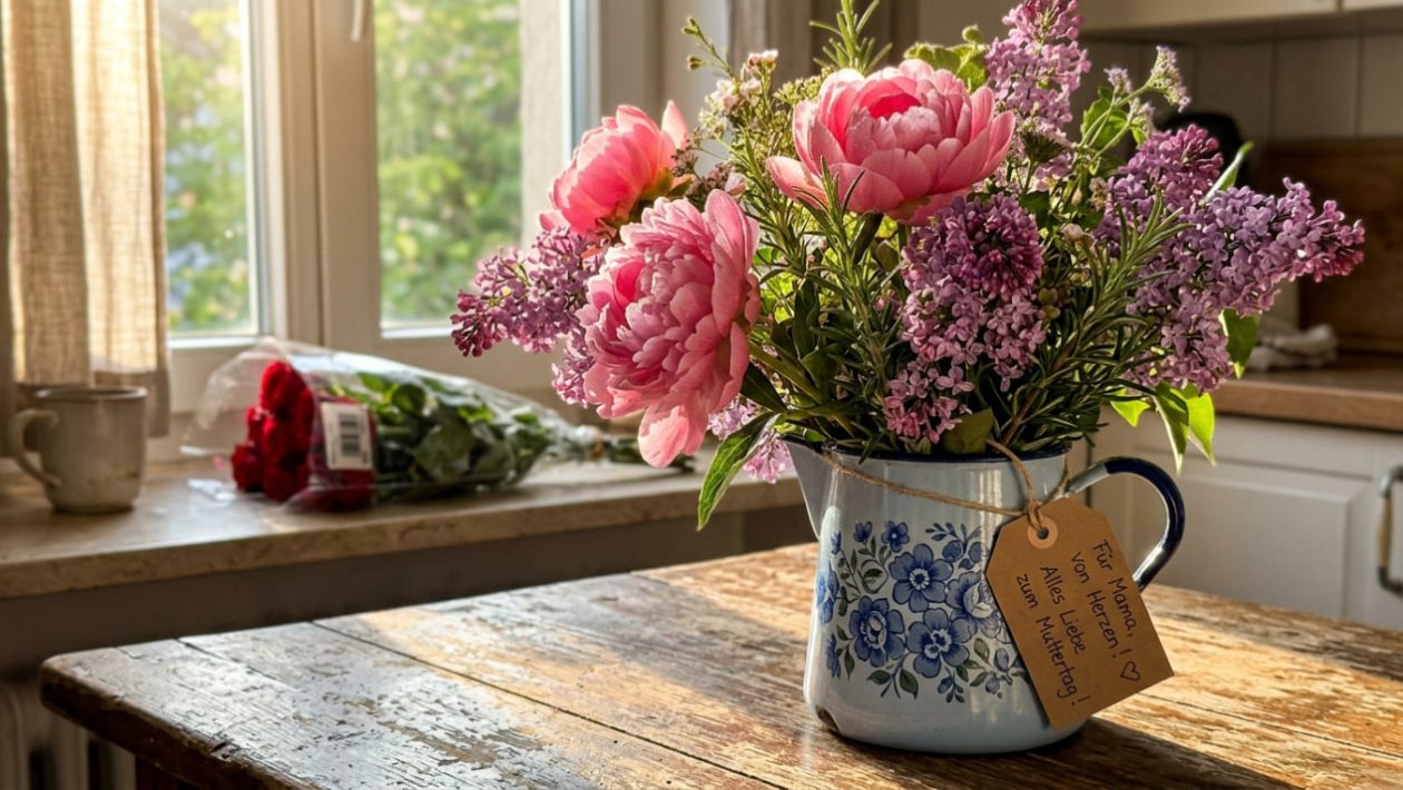 Ein persönlicher Muttertagsstrauß aus regionalen Pfingstrosen und Rosmarin in einem Vintage-Krug im warmen Sonnenlicht.