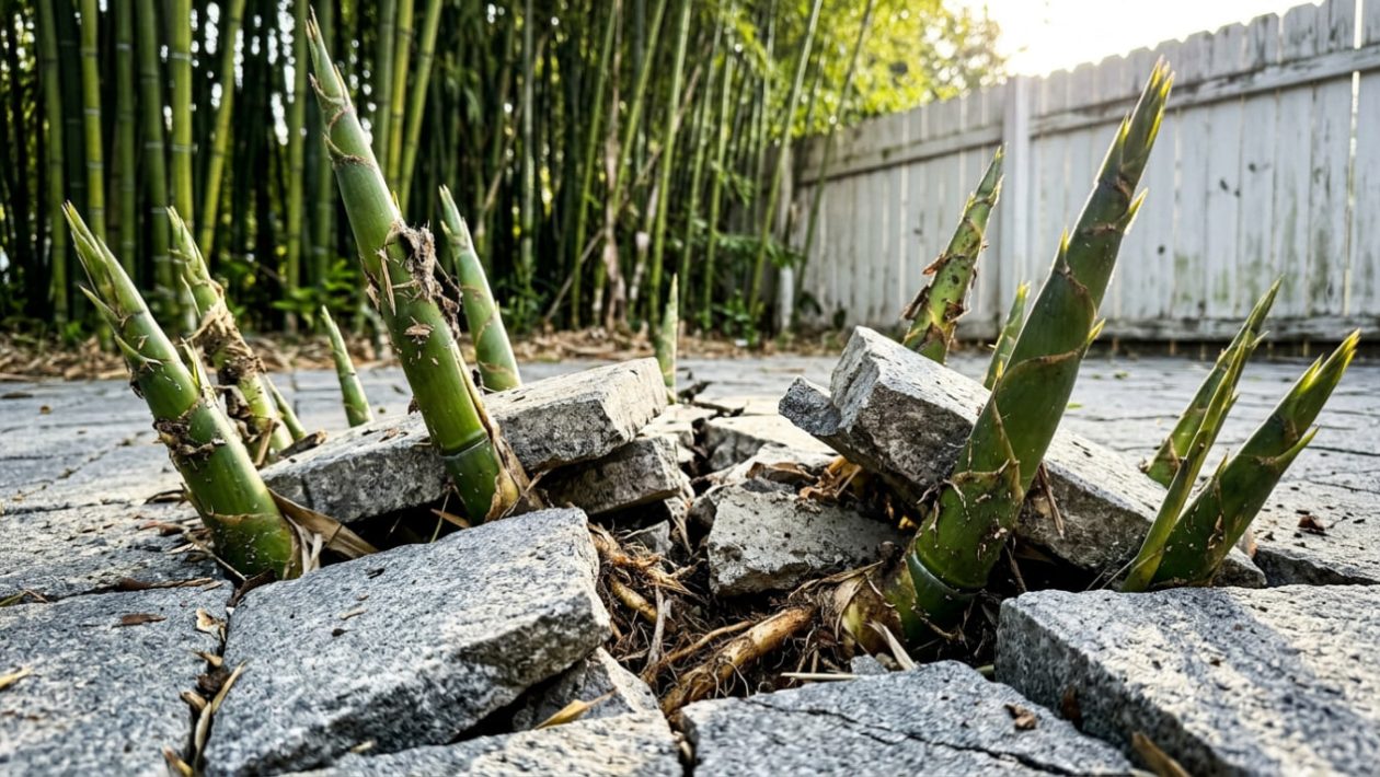 Aggressive Bambussprossen durchbrechen und zerstören teure Pflastersteine auf einer Terrasse im Sonnenlicht.