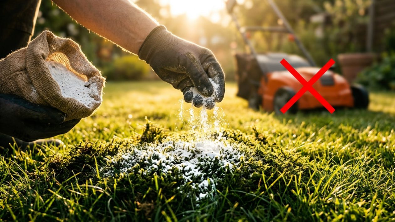Jemand streut Gartenkalk und Sand auf ein Moospolster im Rasen, im Hintergrund steht ein Vertikutierer.