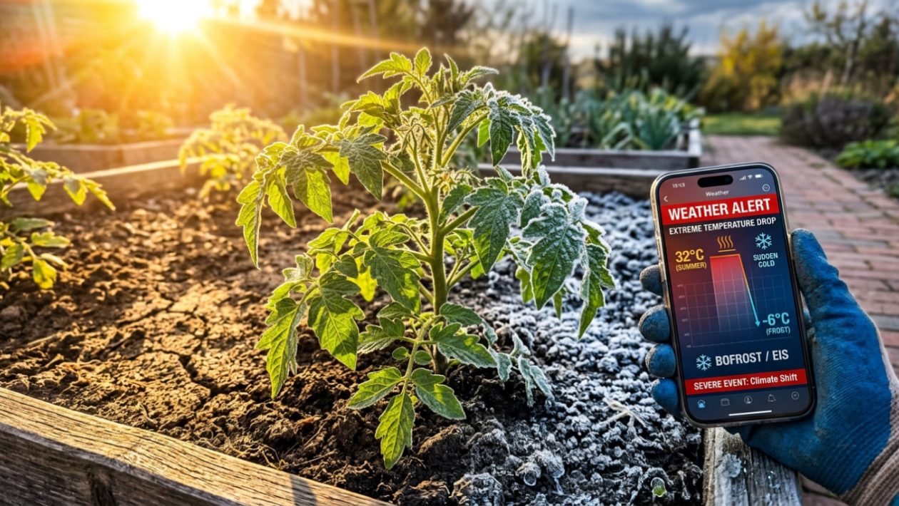 Eine Tomatenpflanze steht zwischen glühender Frühlingssonne und plötzlichem Bodenfrost.