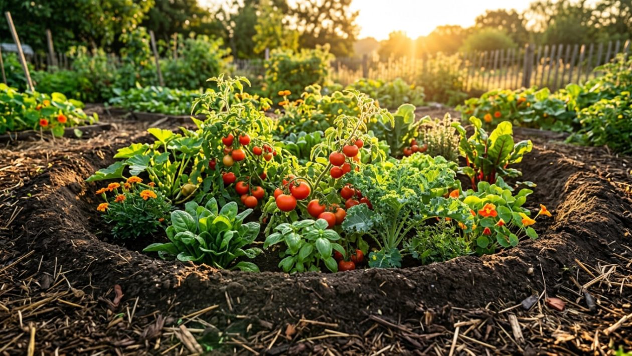 Ein innovatives Kraterbeet in der Erde, in dem grünes Gemüse geschützt und feucht wächst.