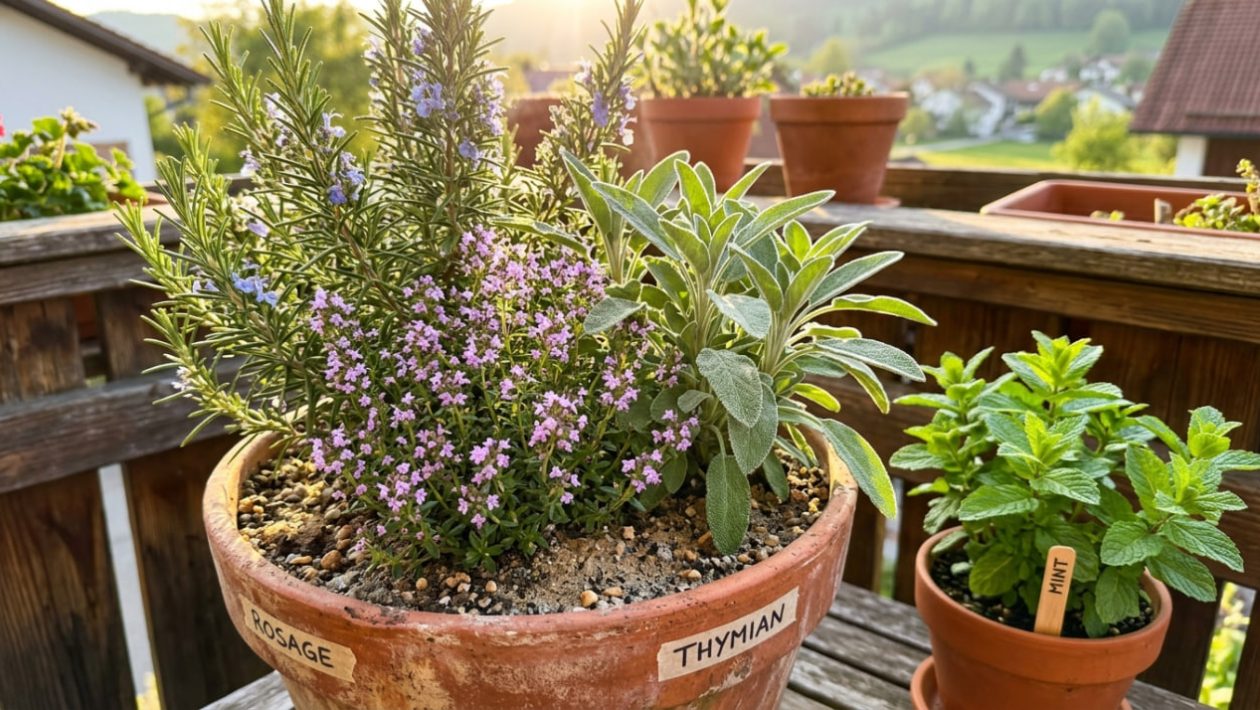 Ein rustikaler Terrakotta-Topf mit Rosmarin, Thymian und Salbei in sonniger, trockener Erde.