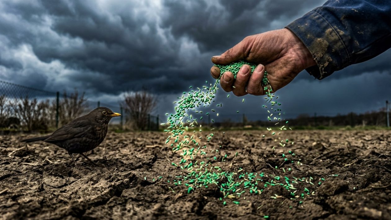 Rasensamen werden auf nackte Erde gestreut, während sich ein Gewitter zusammenbraut.