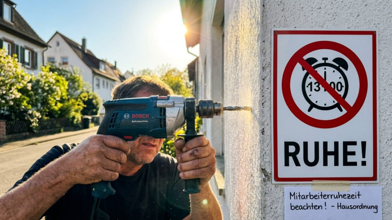 Eine Bohrmaschine wird von einem Warnschild für Ruhestörung blockiert.