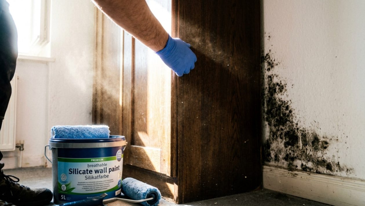 Jemand rückt einen Schrank ab und entdeckt schwarzen Schimmel in der Zimmerecke, beleuchtet vom Frühlingslicht.