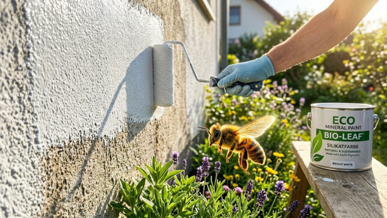 Eine Biene fliegt sicher neben einer Hauswand, die gerade mit umweltfreundlicher Farbe gestrichen wird.
