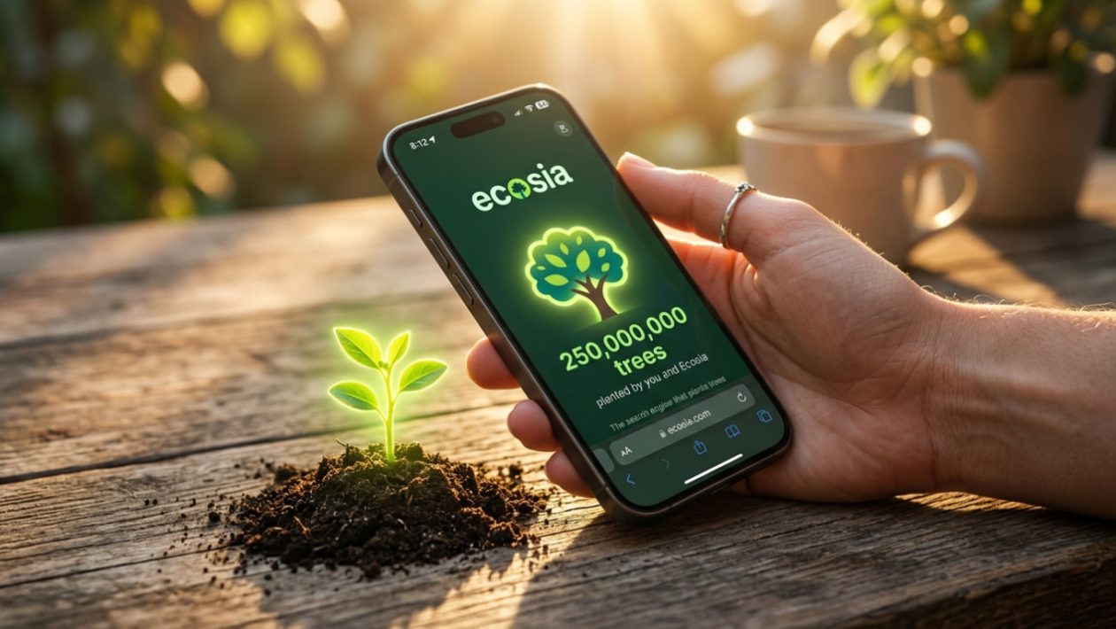 Ein Smartphone mit der Ecosia-Suchmaschine neben einem kleinen, leuchtend grünen Baumsetzling im warmen Licht.