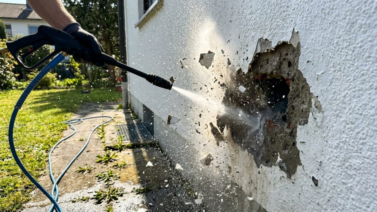 Ein harter Wasserstrahl aus einem Hochdruckreiniger reißt Farbe und Putz von einer Hausfassade.
