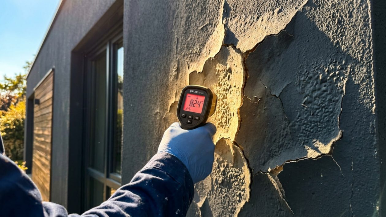 Ein Infrarot-Thermometer zeigt 82 Grad an einer anthrazitfarbenen, gerissenen Hausfassade im Sommer.