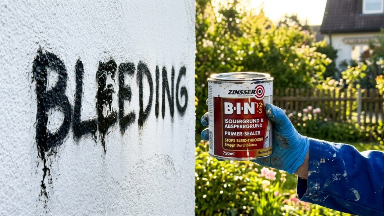 Schwarzes Graffiti blutet durch frische weiße Fassadenfarbe, davor hält eine Hand eine Dose Isoliergrund.