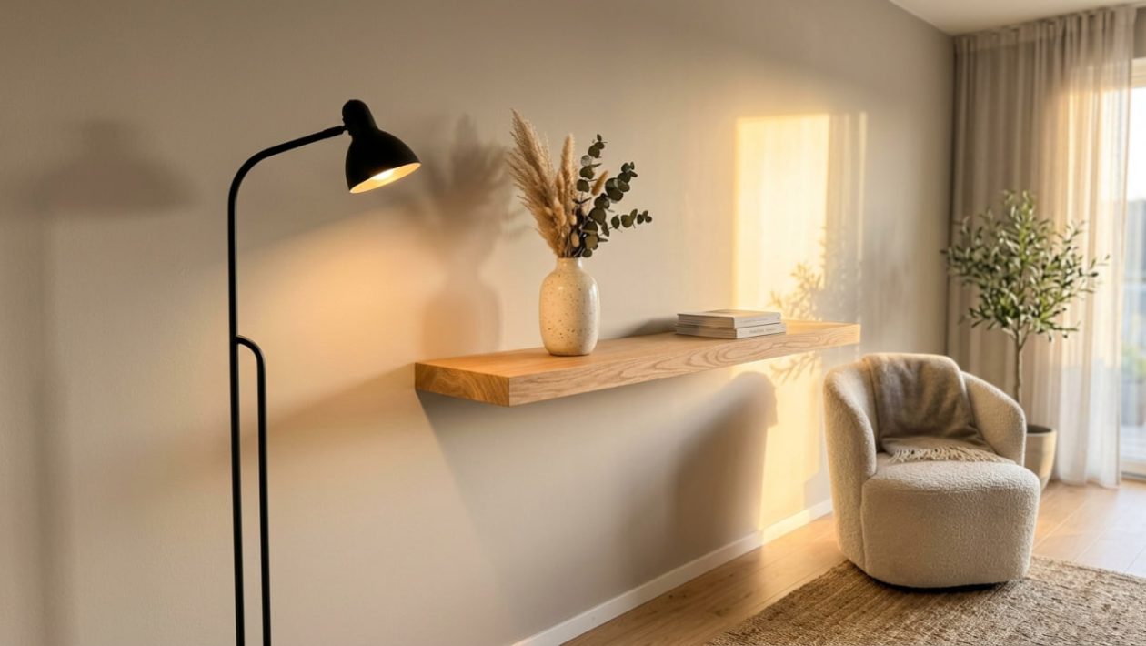 Eine elegant gestrichene Wand in der Trendfarbe Greige, kombiniert mit Eichenholz und schwarzen Details im Sonnenlicht.