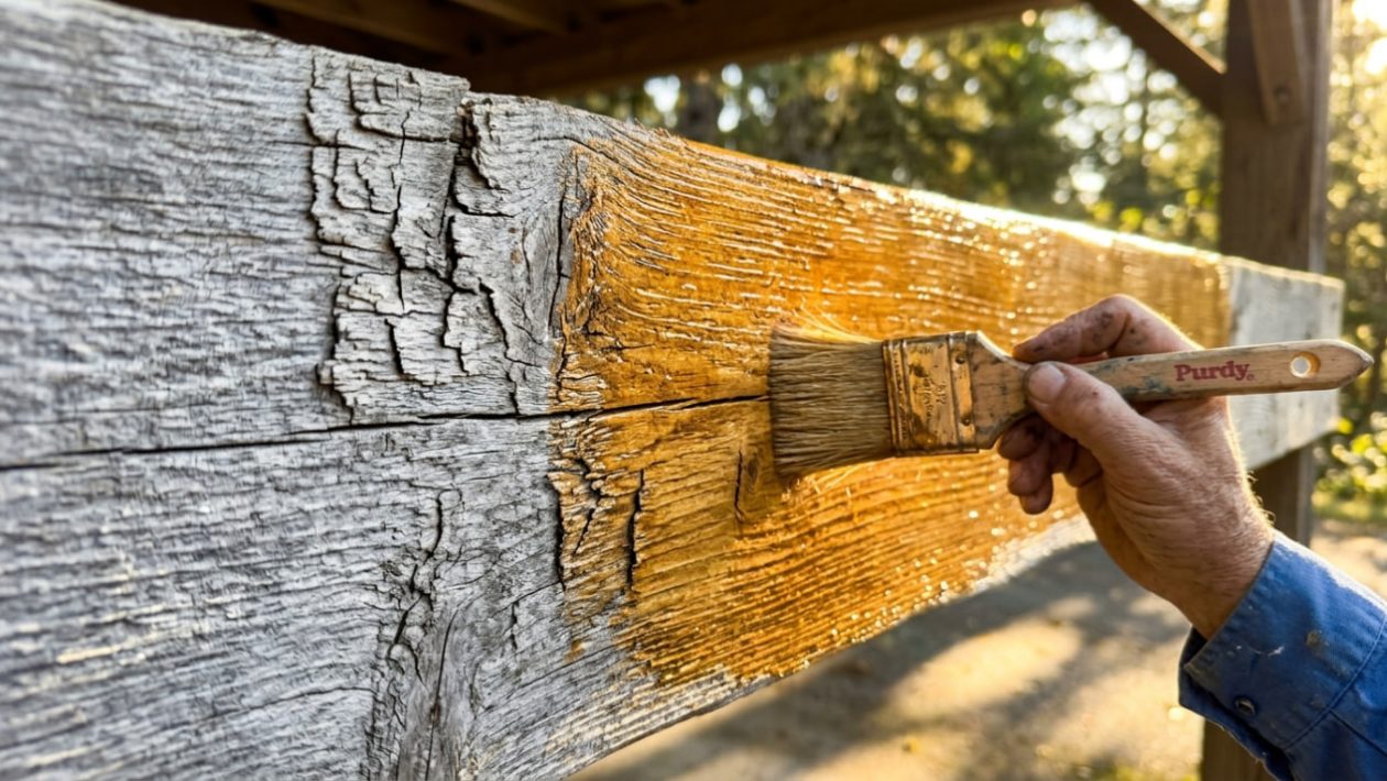 Ein Pinsel trägt frische Holzlasur auf extrem trockenes, rissiges Carport-Holz auf.