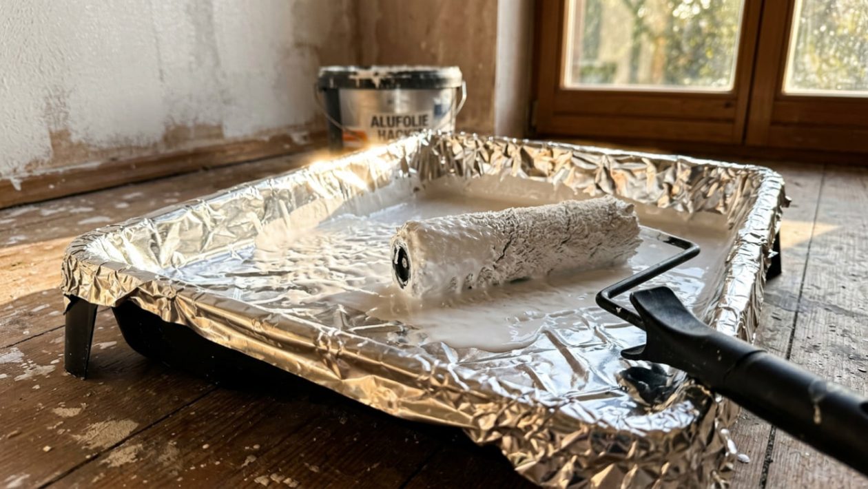 Eine Farbwanne ist mit glänzender Alufolie ausgekleidet, darauf liegt eine Farbrolle mit weißer Farbe.