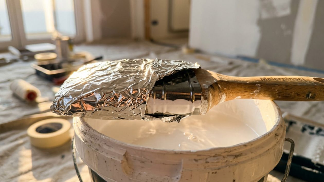 Ein Farb-Pinsel, der zum Schutz vor dem Austrocknen fest in silberne Alufolie eingewickelt ist.