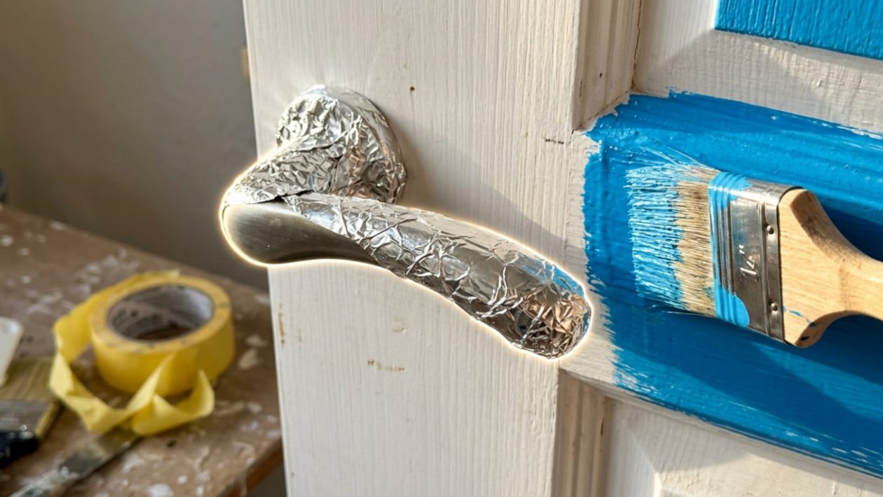 Ein Türgriff ist beim Streichen mit glänzender Alufolie statt mit Klebeband umwickelt.