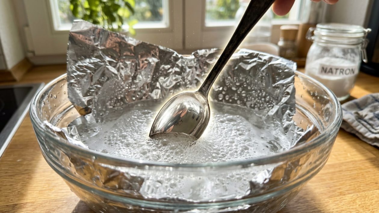 Ein angelaufener Silberlöffel wird in einem Bad aus Alufolie und Natron in Sekunden wieder blitzblank.