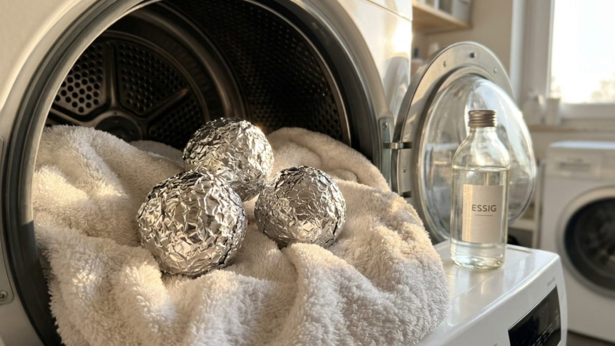 Zusammengeknüllte Alufolien-Bälle liegen auf weichen Handtüchern in einer Waschmaschine, daneben eine Flasche Essig.