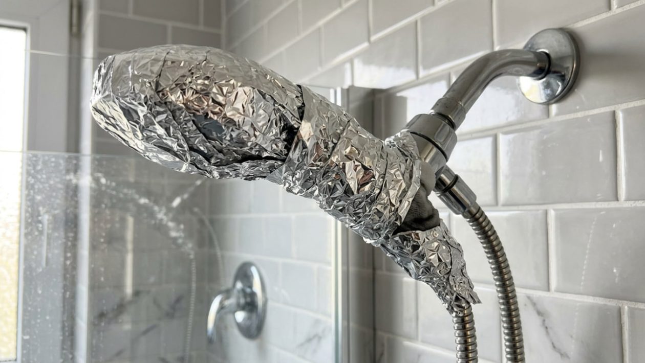 Ein verkalkter Duschkopf ist stramm in Alufolie eingewickelt, um ihn über Nacht zu entkalken.