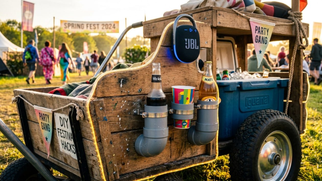 Ein getunter Holz-Bollerwagen mit selbstgebauten Getränkehaltern aus PVC-Rohren im Sonnenlicht.