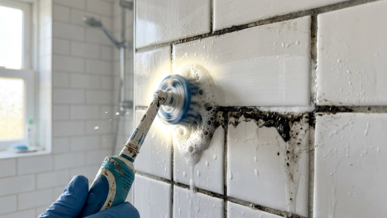 Eine elektrische Zahnbürste schrubbt mit Natron-Paste schmutzige Fugen zwischen Badezimmerfliesen blitzblank.