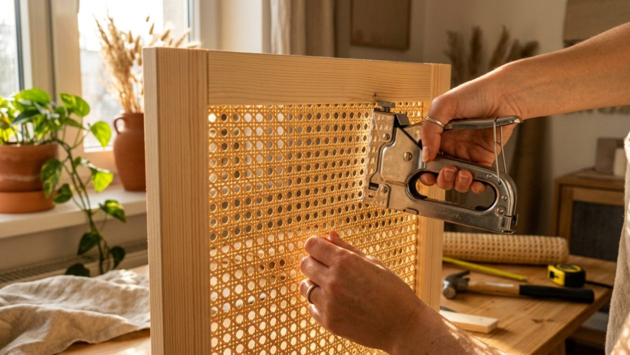 Eine Hand tackert feines Wiener Geflecht an den Holzrahmen einer IKEA-Schranktür.