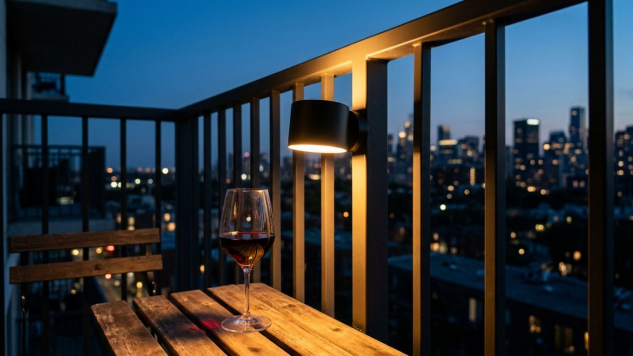 Eine kabellose, magnetische LED-Lampe haftet an einem metallischen Balkongeländer und spendet warmes Licht.