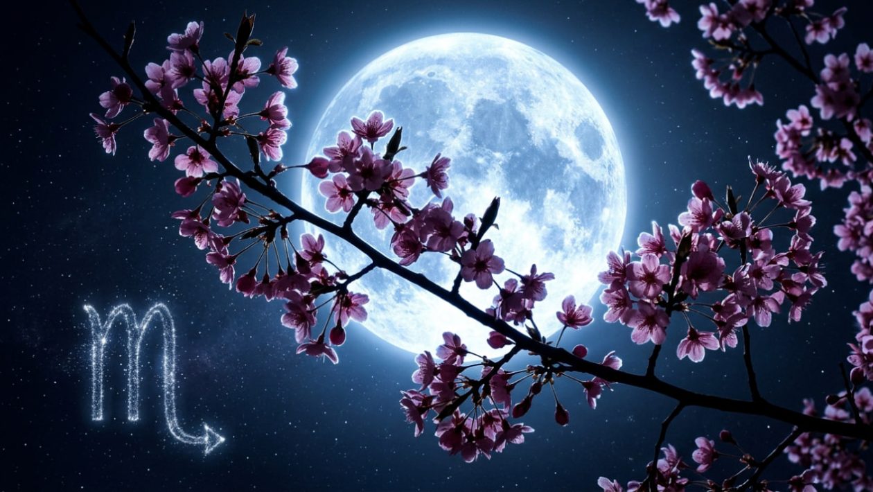 Ein riesiger, leuchtender Vollmond im Mai (Blumenmond) hinter blühenden Frühlingszweigen mit dem Skorpion-Symbol.
