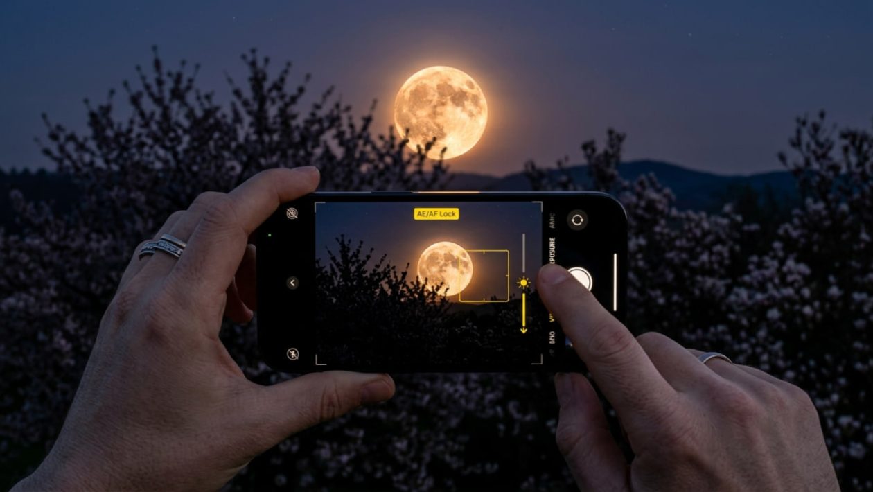Ein Smartphone-Bildschirm zeigt, wie man die Belichtung herunterzieht, um die Krater des Vollmonds perfekt zu fotografieren.