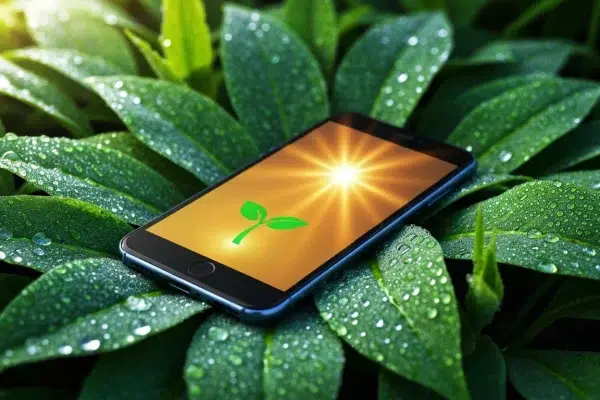 Smartphone mit geöffnetem WhatsApp Status und einem hoffnungsvollen Spruch über einem Frühlingshintergrund.