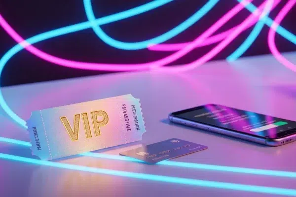 Ein Fan blickt im Mai-Sonnenschein glücklich auf sein Smartphone, weil der Ticketkauf erfolgreich war.