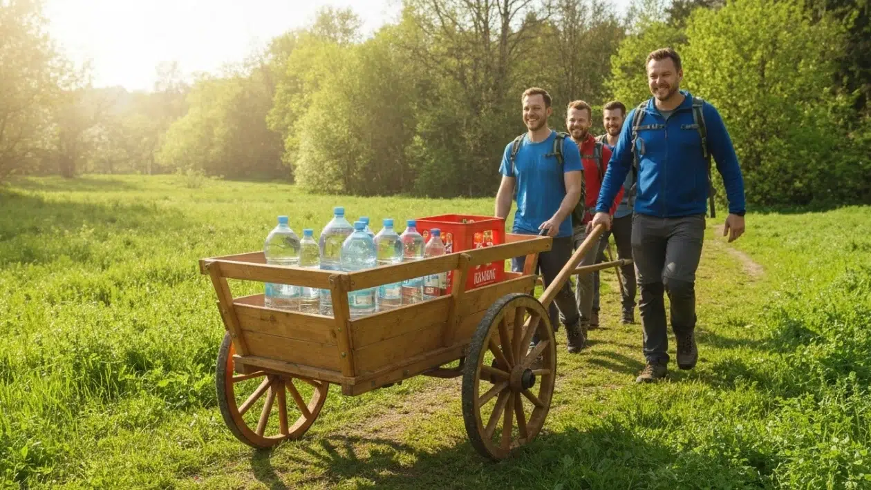 Männergesellschaft zieht an einem sonnigen Frühlingstag einen gut gepackten Bollerwagen durch die Natur.