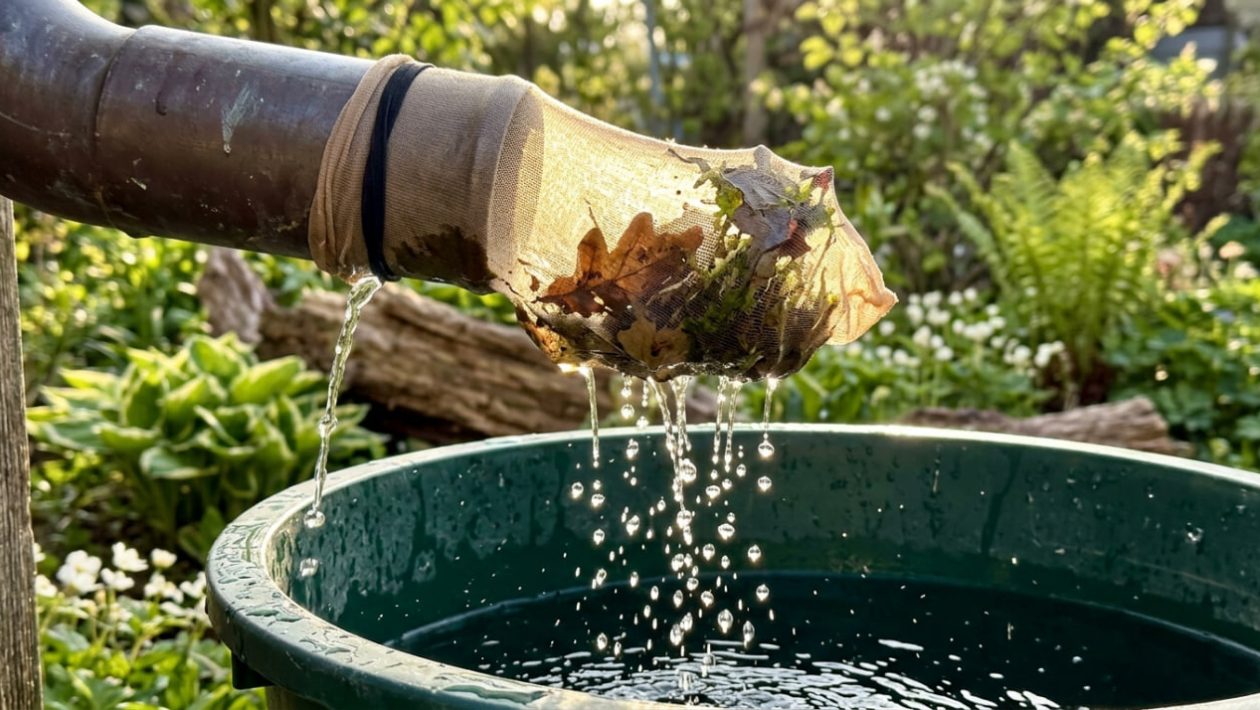 Eine Nylon-Strumpfhose filtert Regenwasser am Fallrohr, bevor es in die Regentonne läuft.